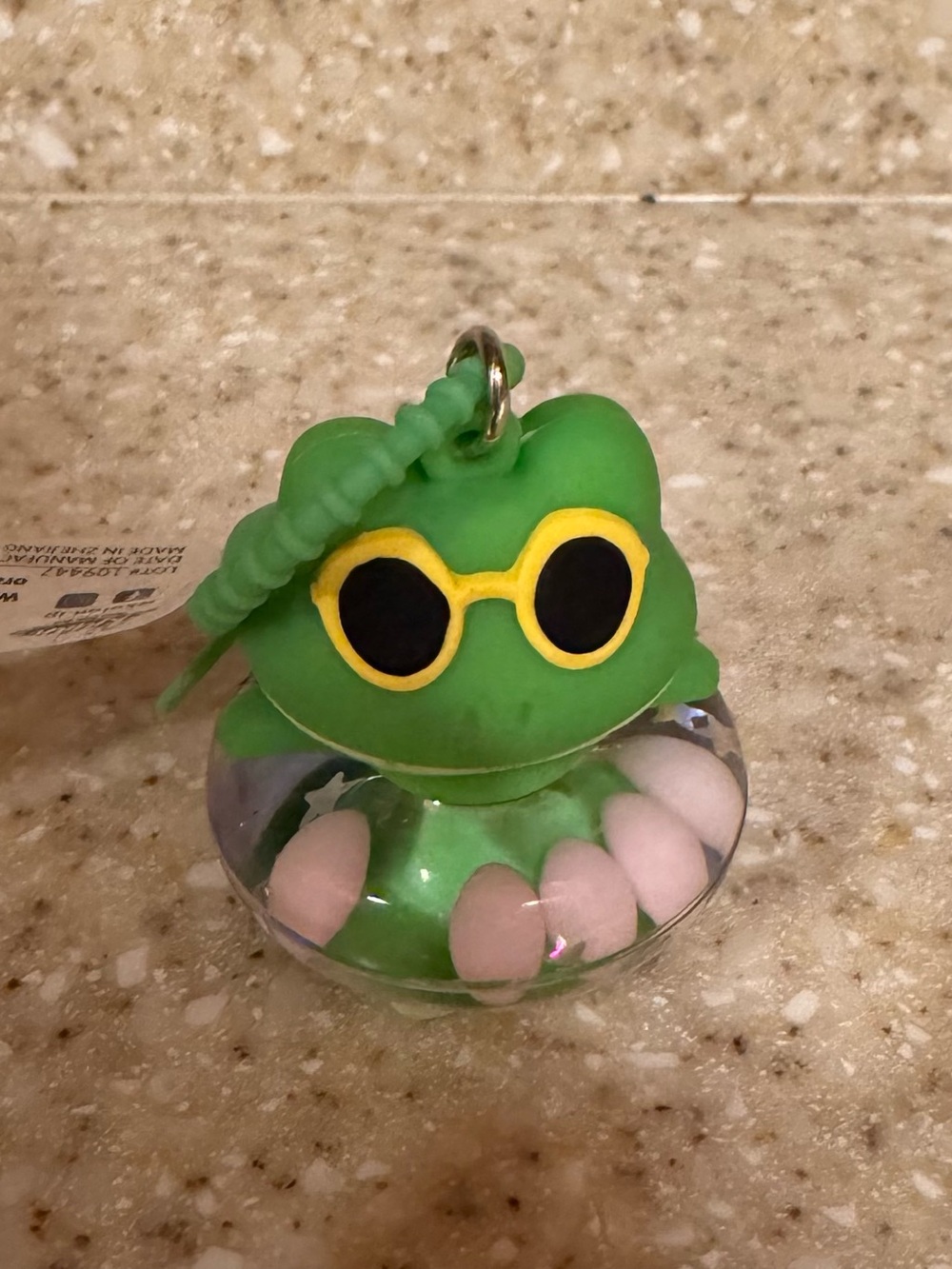 Green Frog Keychain Bag Charm with Yellow Sunglasses in a Swimming Tube